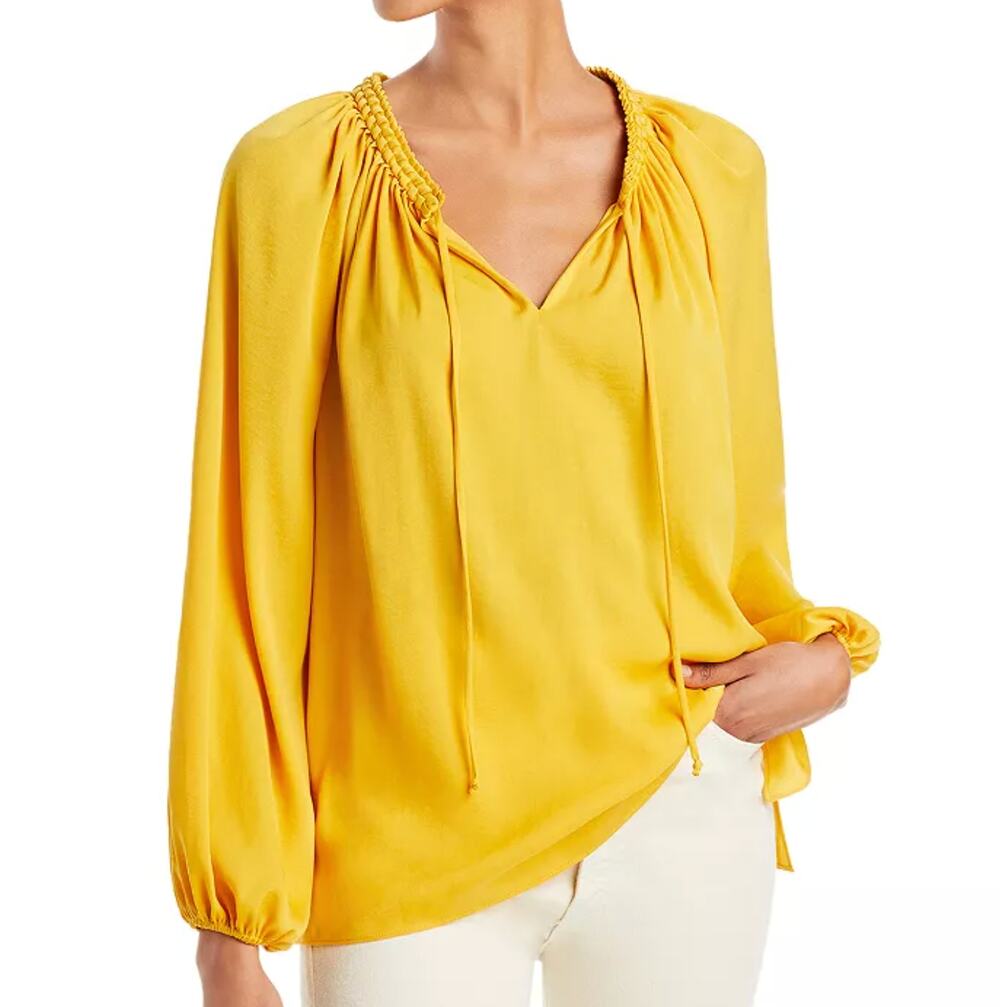 Kobi Halperin NWT Caprice Blouse Golden Yellow Solid Braided Neck Long Sleeve